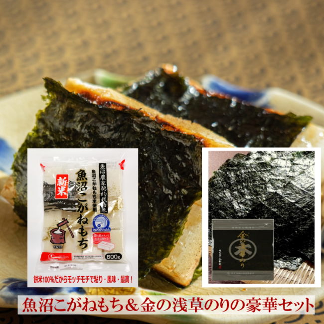 極上海苔と極上お餅セット!新潟産 もち米 100%使用無添加【魚沼こがねもち12切れ】と【金の浅草海苔】豪華セット