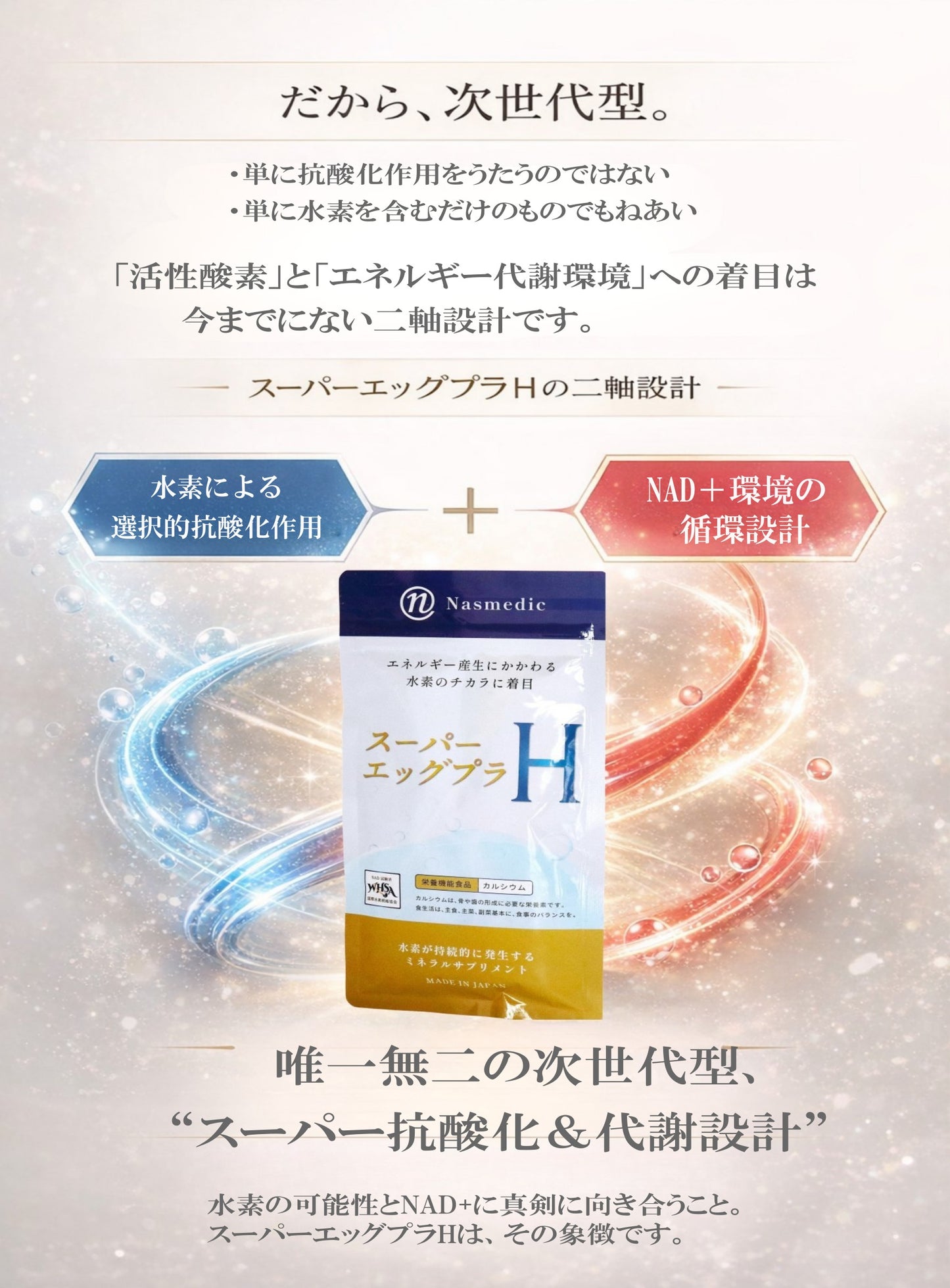 水素サプメント スーパーエッグプラH 栄養機能食品（カルシウム）NAD+ 持続型水素